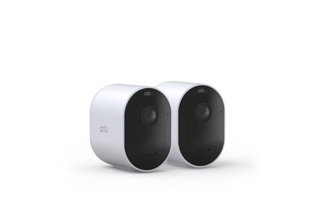 Arlo Pro 5 AI security camera, a sleek white outdoor camera, highlighted as the best for advanced AI vehicle detection and classification, including license plates.

