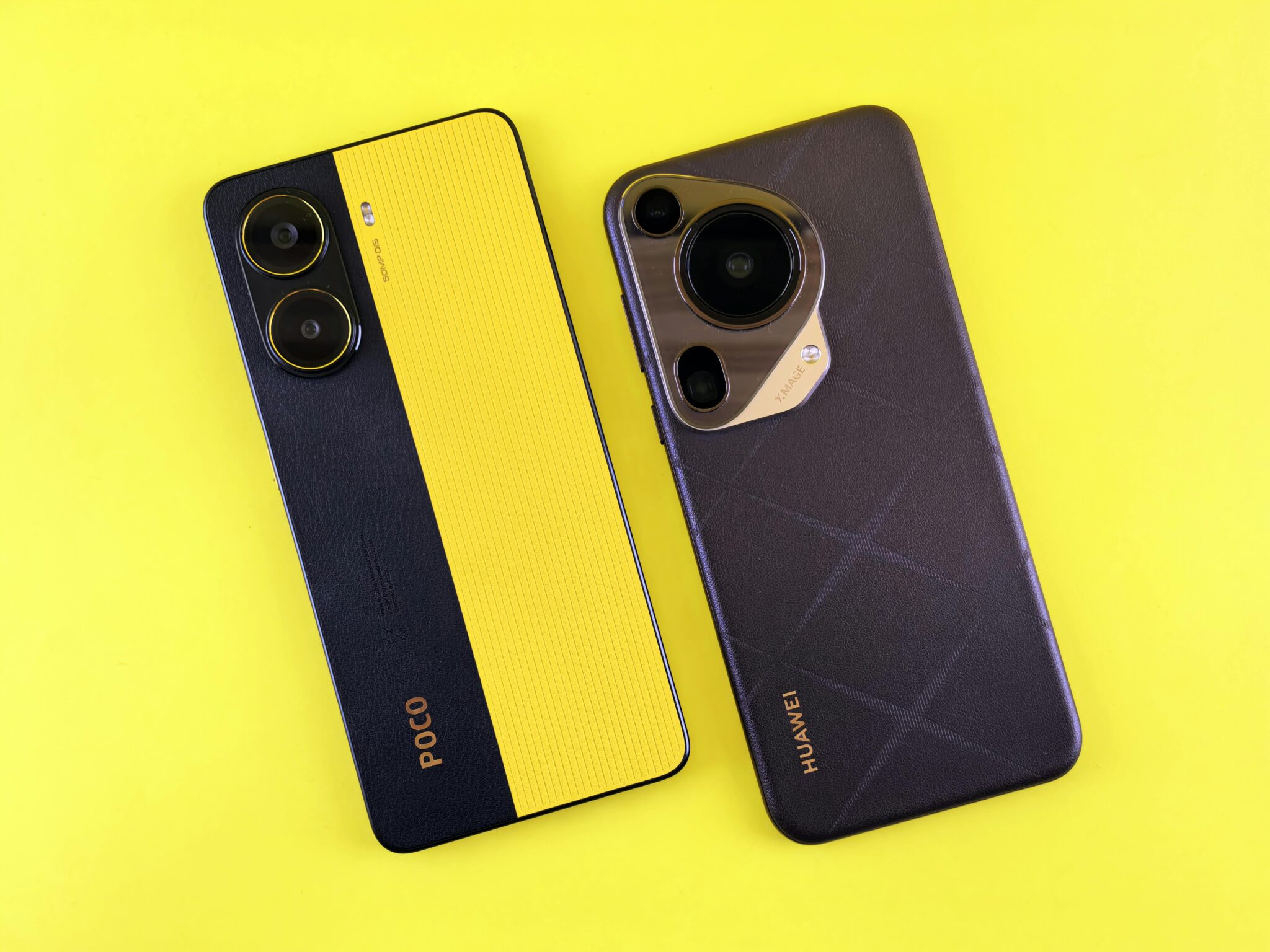 Two smartphones displaying home screens - black phone and yellow phone side by side comparison