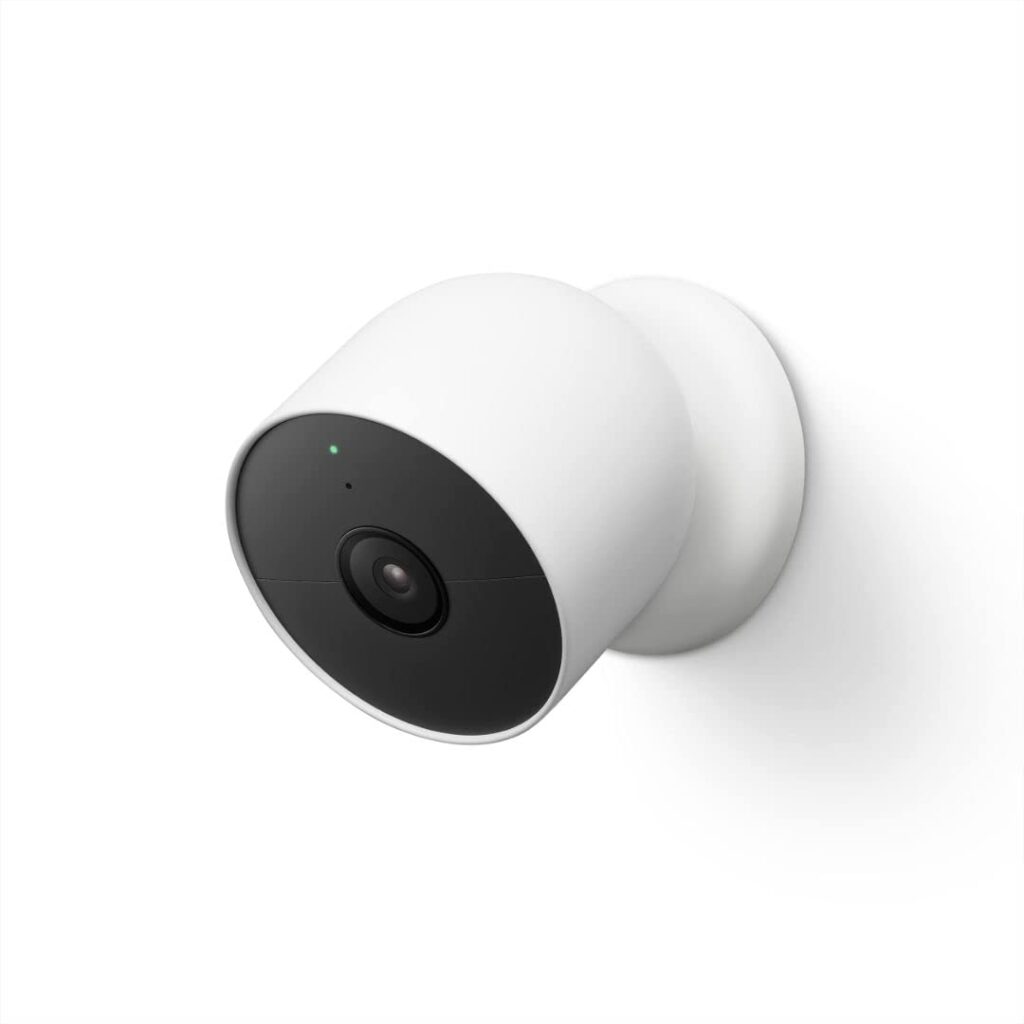 Google Nest Cam (Battery) outdoor security camera with droplets, showcasing its weather-resistant design and seamless integration as the best smart home security camera for 2025.
