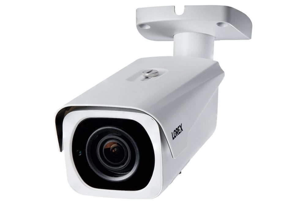 Two Lorex 4K Nocturnal IP Cameras, white outdoor security cameras renowned for their best-in-class night vision AI and facial recognition capabilities for 2025.
