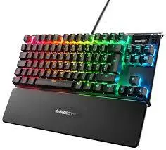 SteelSeries Apex Pro TKL mechanical gaming keyboard with OmniPoint adjustable switches, RGB lighting, and compact tenkeyless design.

