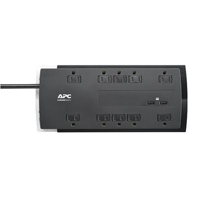 APC SurgeArrest Performance P12U2 surge protector, a black power strip with multiple AC outlets and USB-C PD ports, ideal for high-power gaming PCs and rigs with 4320 joules of protection.
