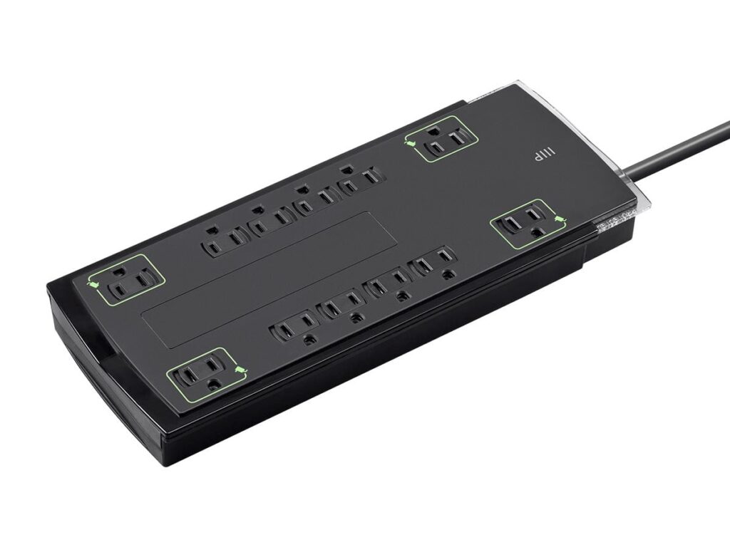 The AmazonBasics 12-Outlet Surge Protector, a black power strip offering 2000 joules of protection and a lifetime warranty, chosen as the best budget-friendly option for 2025.
