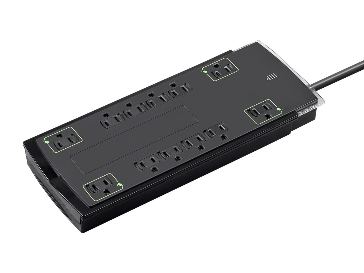 AmazonBasics 12-Outlet Surge Protector, a black multi-outlet power strip offering 2000 joules of protection and a lifetime warranty, chosen as the best budget-friendly option.
