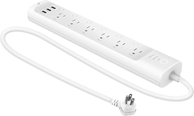 The Kasa Smart Wi-Fi Power Strip HS300, a white smart power strip with 1800 joules, app control, and individual outlet monitoring, highlighted as the best for smart home integration in 2025.
