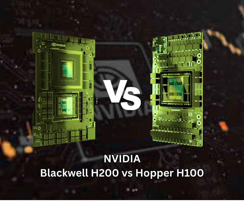 Comparison of NVIDIA Blackwell H200 and Hopper H100 AI GPUs with a visual representation of the two GPUs and the text "NVIDIA Blackwell H200 vs Hopper H100"
