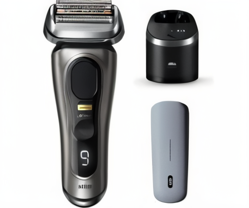 Braun Series 9 Pro+ AI electric shaver with charging station and cleaning cartridge. Features SkinAdapt sensor for optimal shaving.