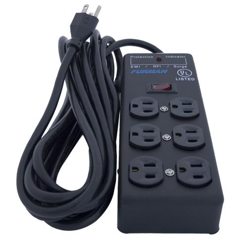 Furman SS6B power conditioner and surge protector, a black 6-outlet unit designed for A/V systems with linear filtering, 15A capacity, and professional-grade protection.
