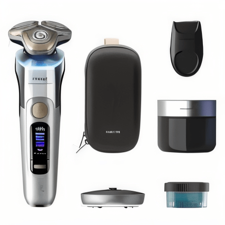 Philips Norelco 9000 Prestige AI electric shaver with accessories including charging stand, travel case, and grooming attachments.