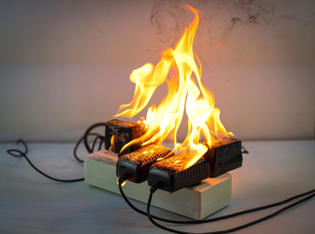 The Hidden Danger of Power Surges: Protecting Your Devices from Electrical Fire Power strip and multiple plugs on fire due to an electrical surge or overload, illustrating the destructive risk of unprotected power surges on valuable electronic devices.