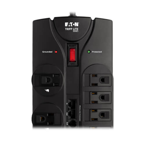 Tripp Lite TLP1208SAT surge protector, shown as the best overall pick with 2400 joules, ultra-fast <1ns response time, and premium A/V filtering.
