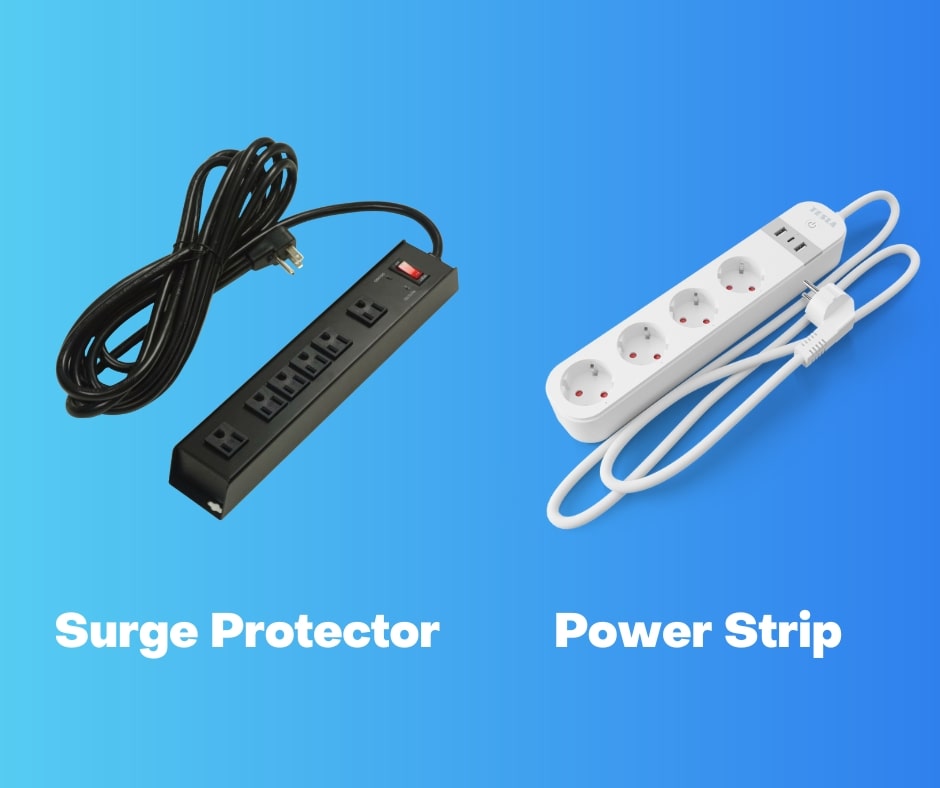Understanding the Key Differences: Surge Protector vs. Power Strip Visual comparison between a black surge protector on the left and a white basic power strip on the right, clearly illustrating their physical differences and labeling them respectively to explain surge protector vs power strip difference.