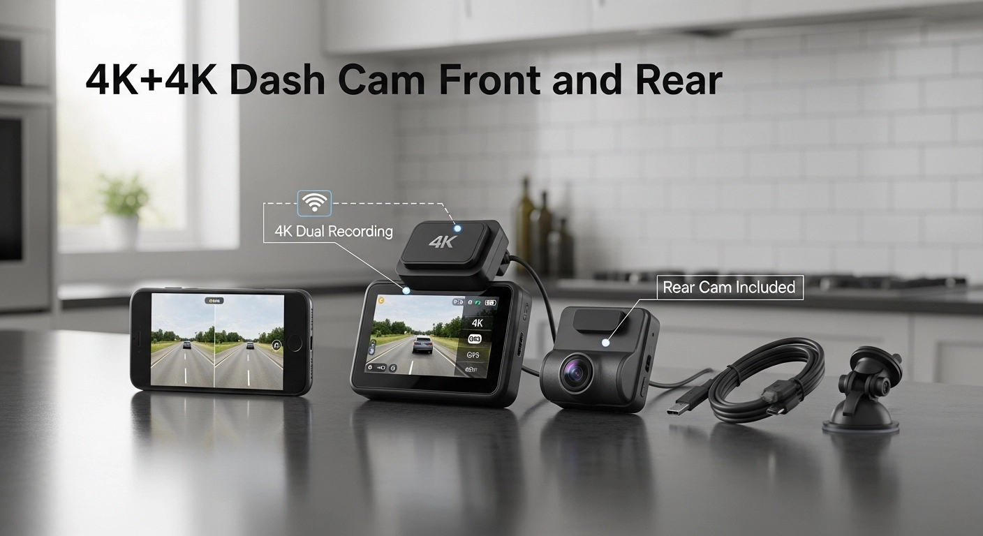 4K+4K dual dash cam front and rear with WiFi, GPS, touchscreen LCD, night vision, complete installation package