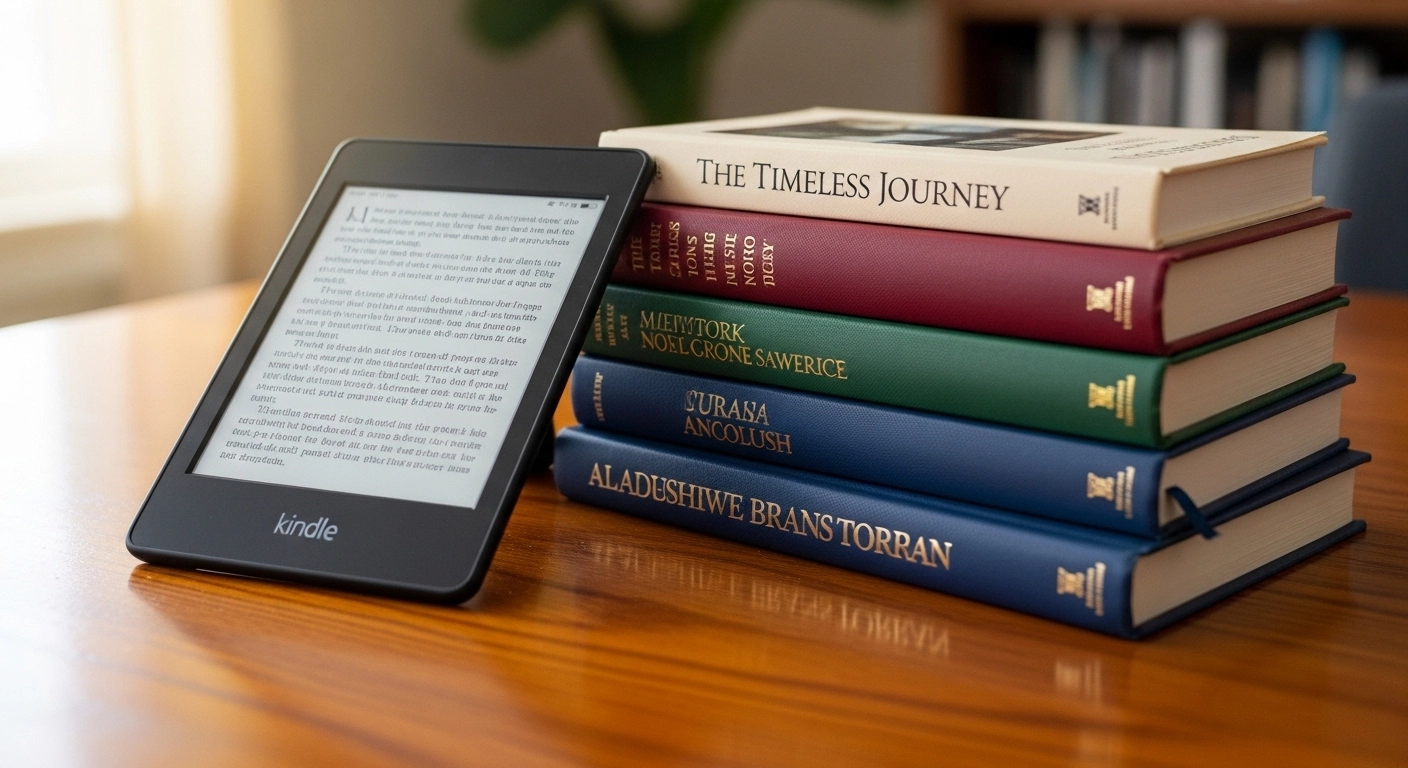 Basic Kindle e-reader next to stack of classic books - Budget reading device comparison