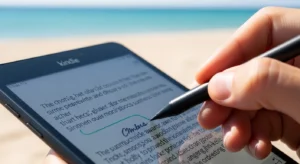 Amazon Kindle Paperwhite 2026 on desk with hand typing - Best e-reader comparison review