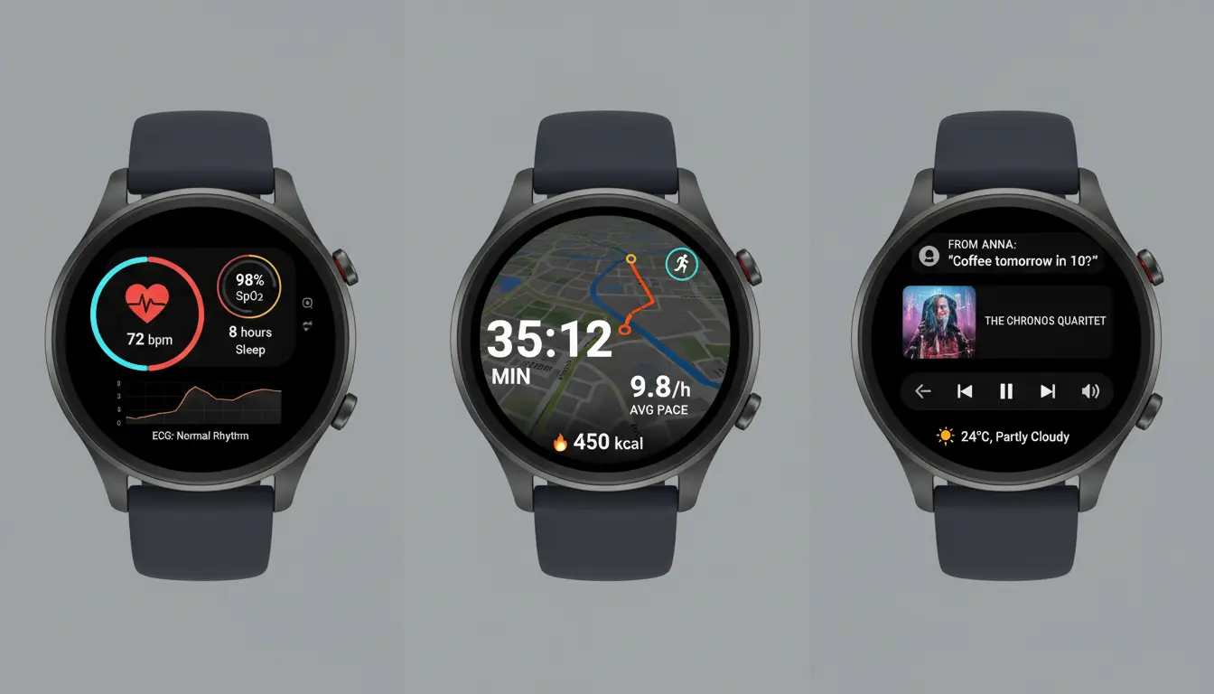 Screenshots of a watch showing health metrics, fitness tracking interfaces, and smart features in action