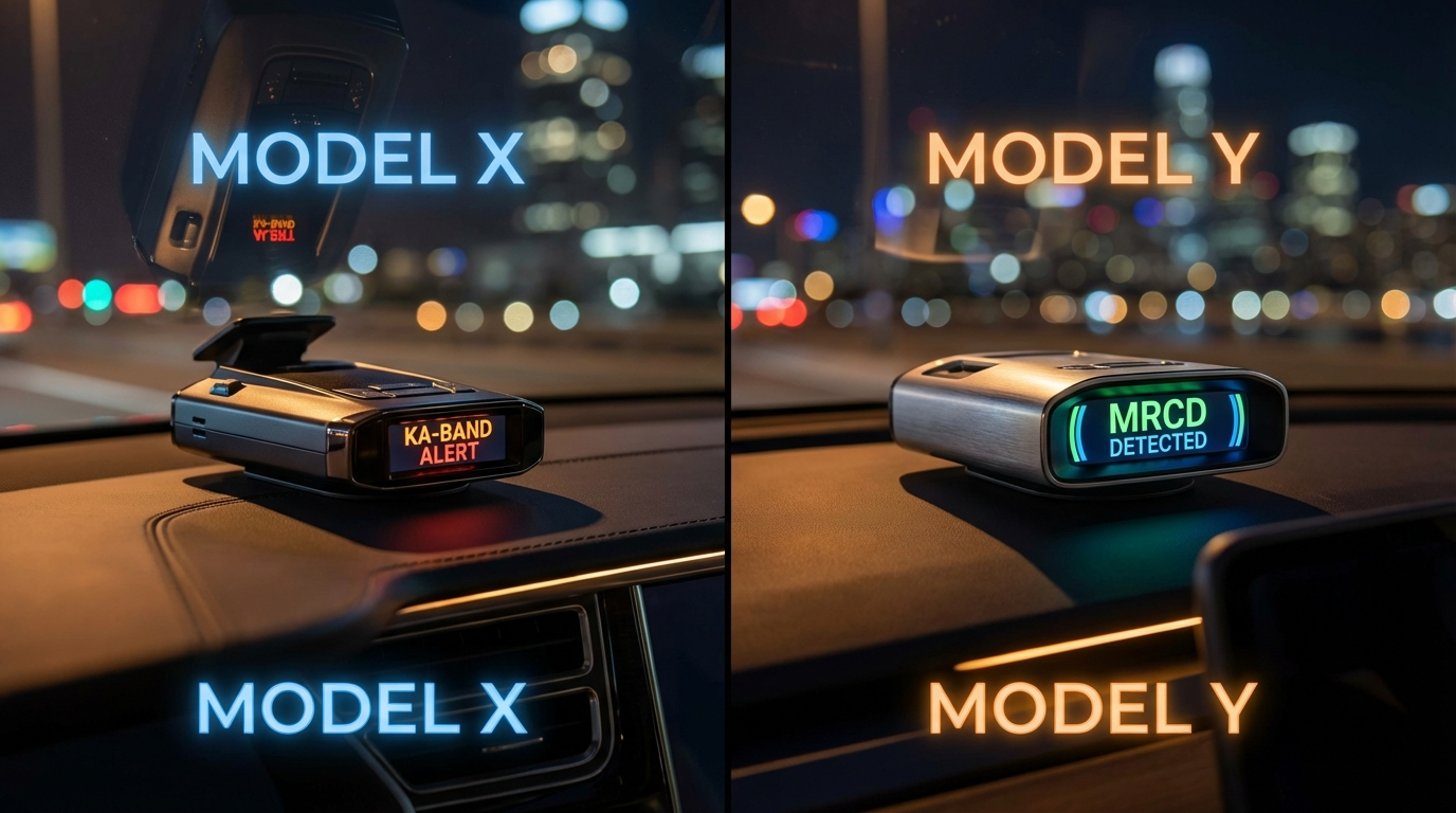 Uniden R8w vs Escort Redline 360c 2026 comparison inside a modern car dashboard – best radar detector for 2026 highway and city driving